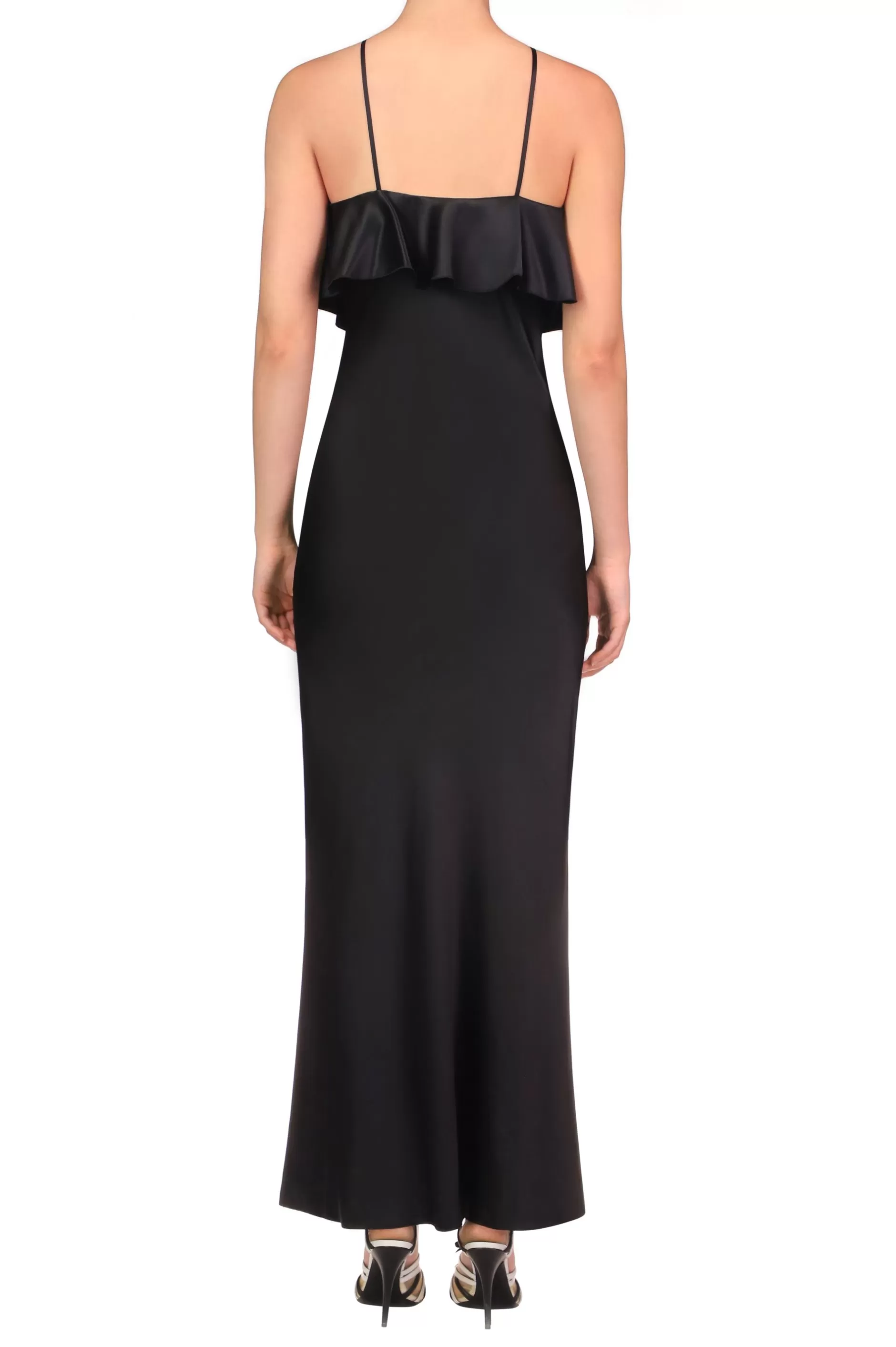 Dresses*Rodarte Black Charmeuse Bias Tiered Ruffle Halter Dress With White Bow Detail