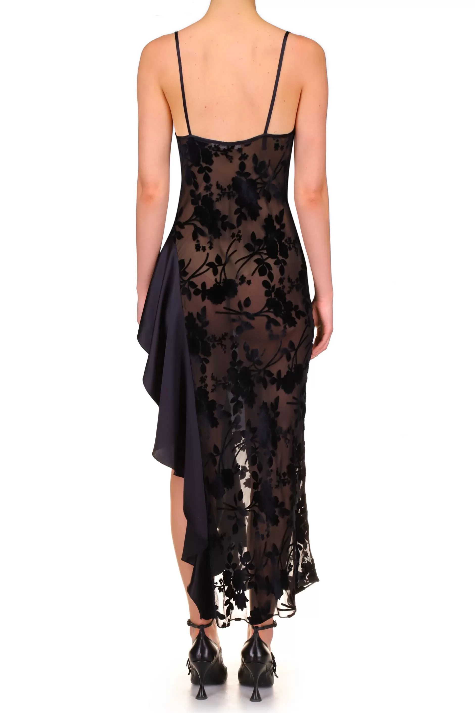 Dresses*Rodarte Black Floral Burnout Velvet And Satin Asymetrical Cowl Neck Bias Dress