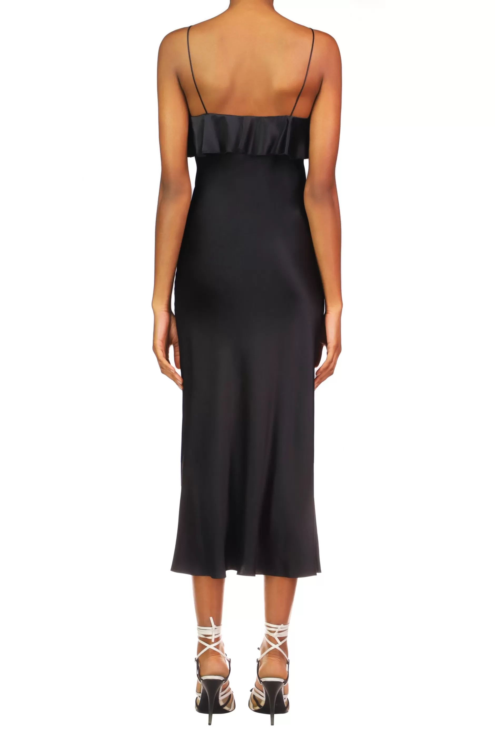 Dresses*Rodarte Black Satin Charmeuse Bias Slip Dress With Ruffle And Silk Flower Detail