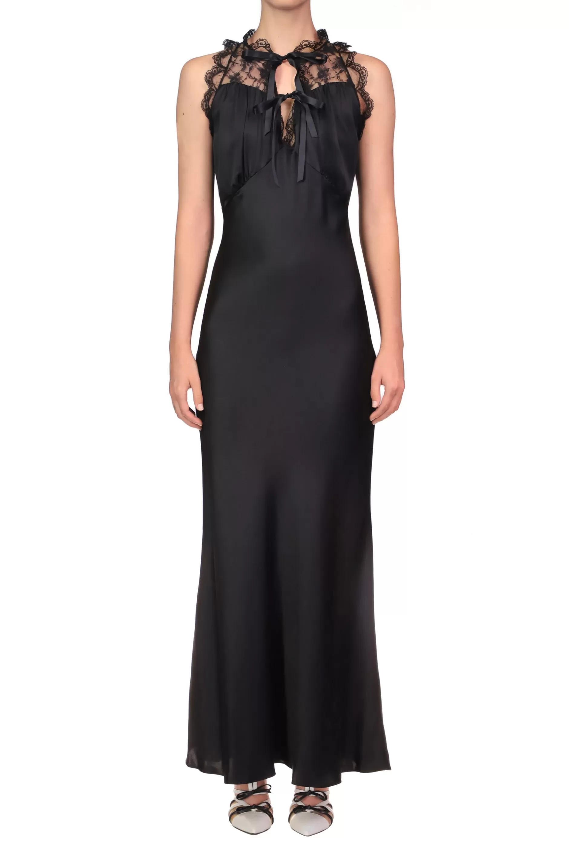 Dresses*Rodarte Black Silk Satin Bias Halter Dress With Lace And Ruffle Details