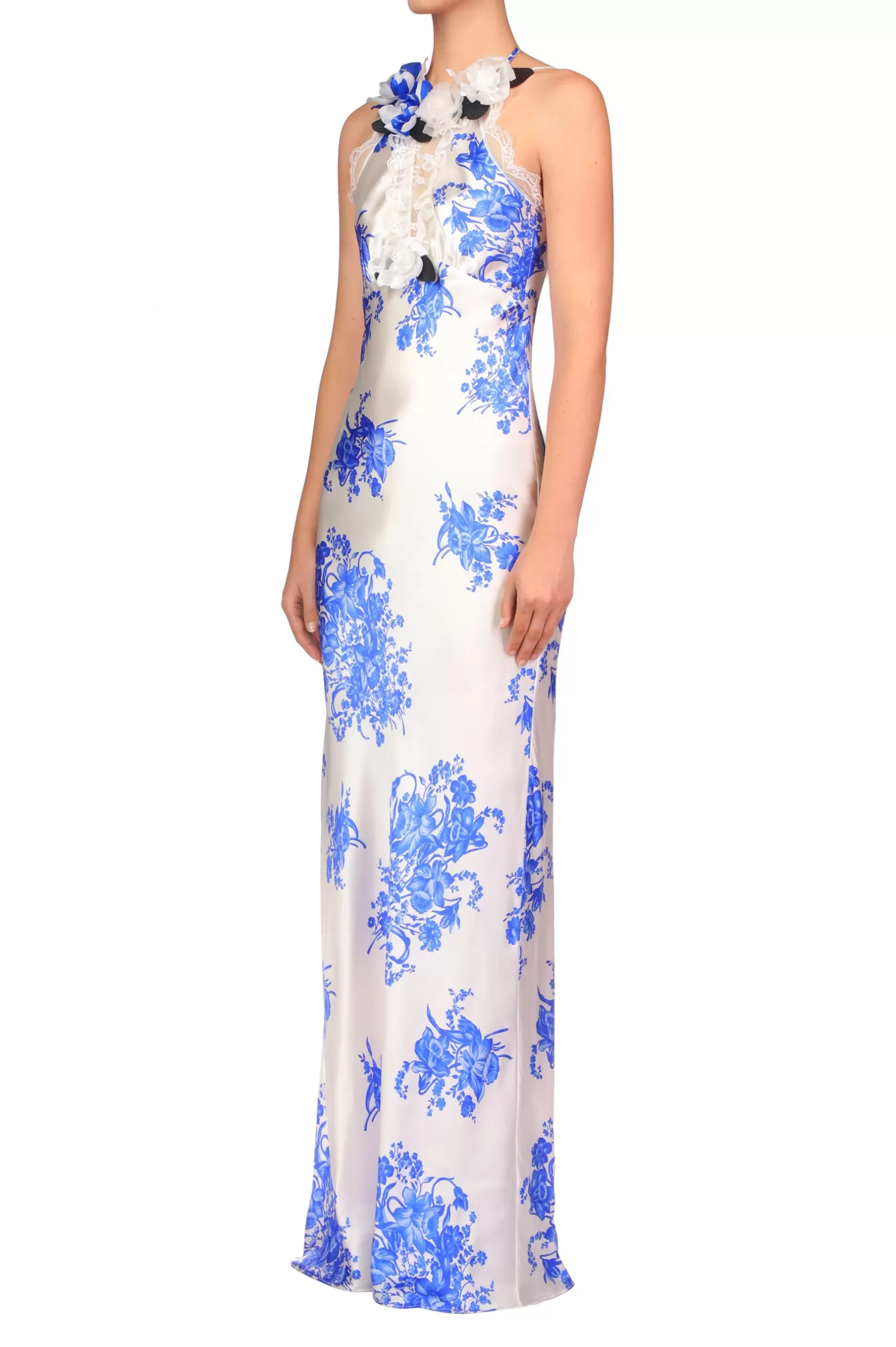 Dresses*Rodarte Blue And White Floral Printed Silk Bias Gown With Lace Details