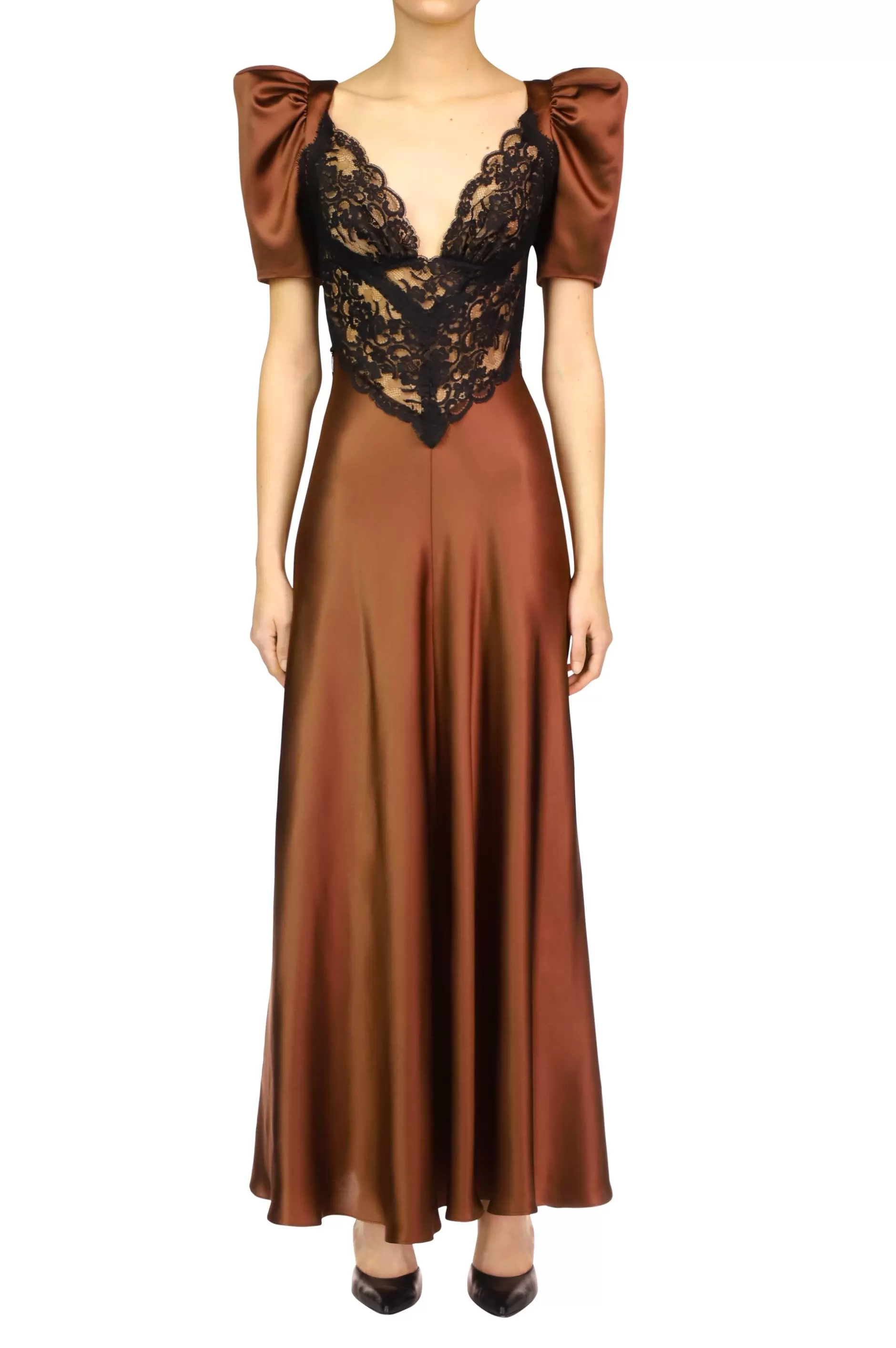 Dresses*Rodarte Brown Silk Satin Short Sleeve Dress With Black Lace Details