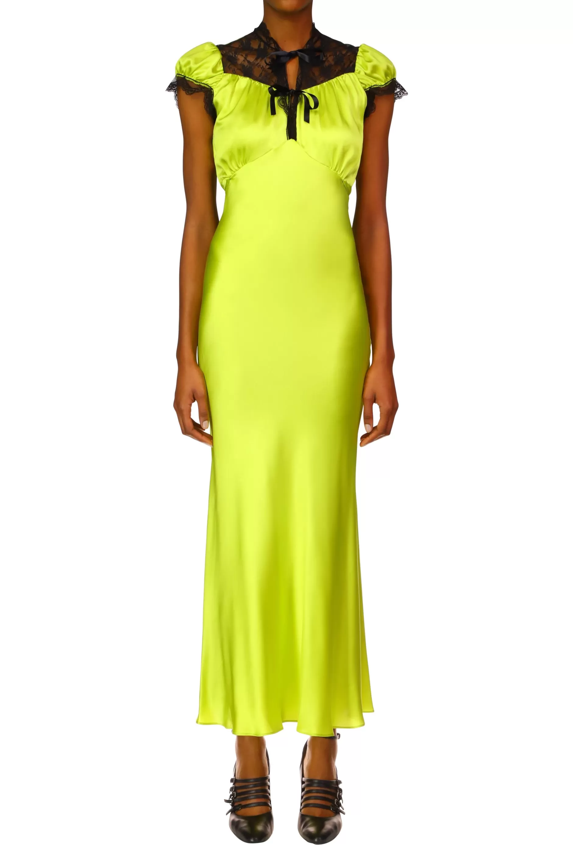 Dresses*Rodarte Chartreuse Silk Satin Bias Dress With Lace And Ruffle Details
