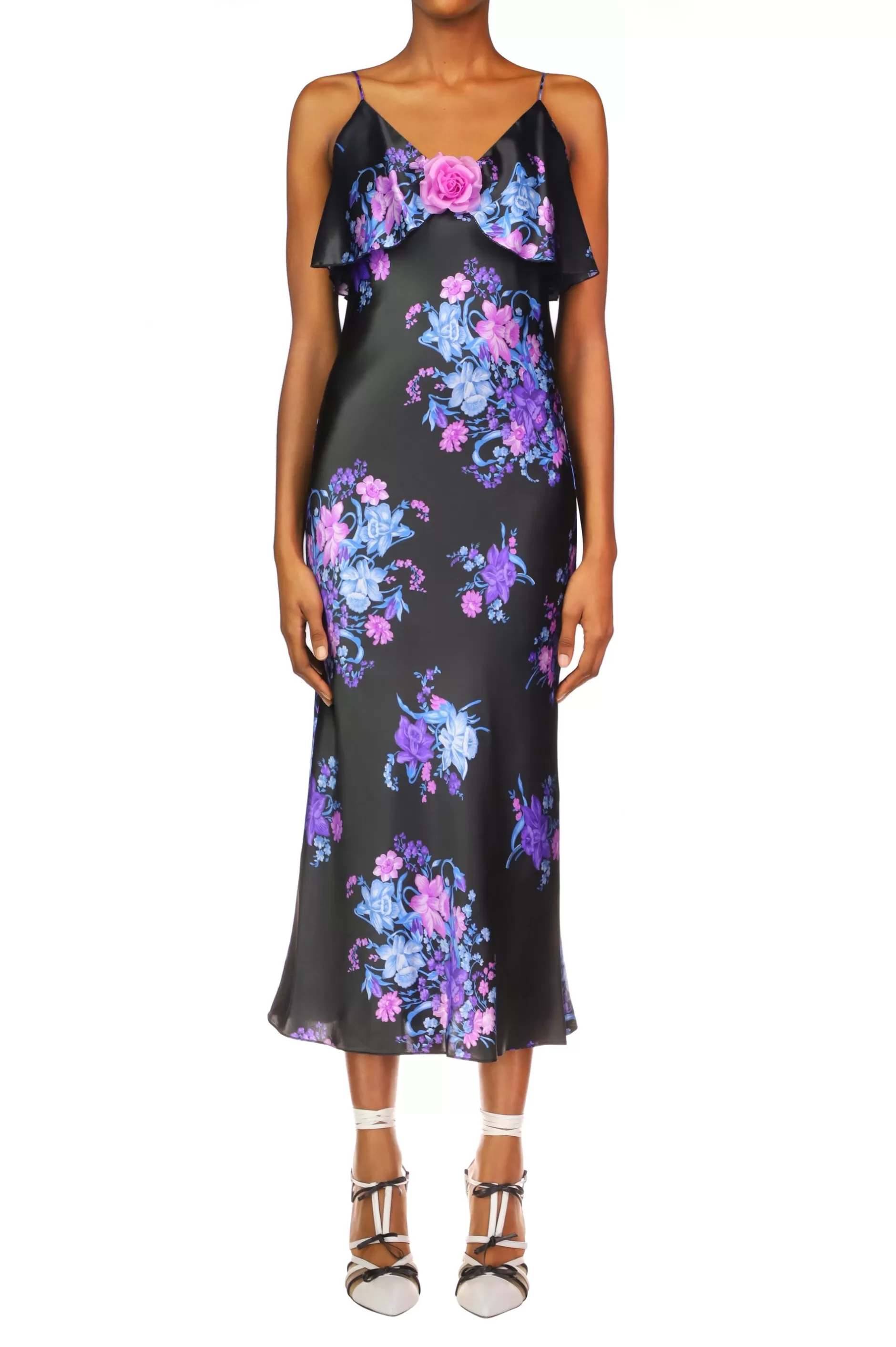 Dresses*Rodarte Floral Printed Satin Charmeuse Bias Slip Dress With Ruffle And Silk Flower Detail