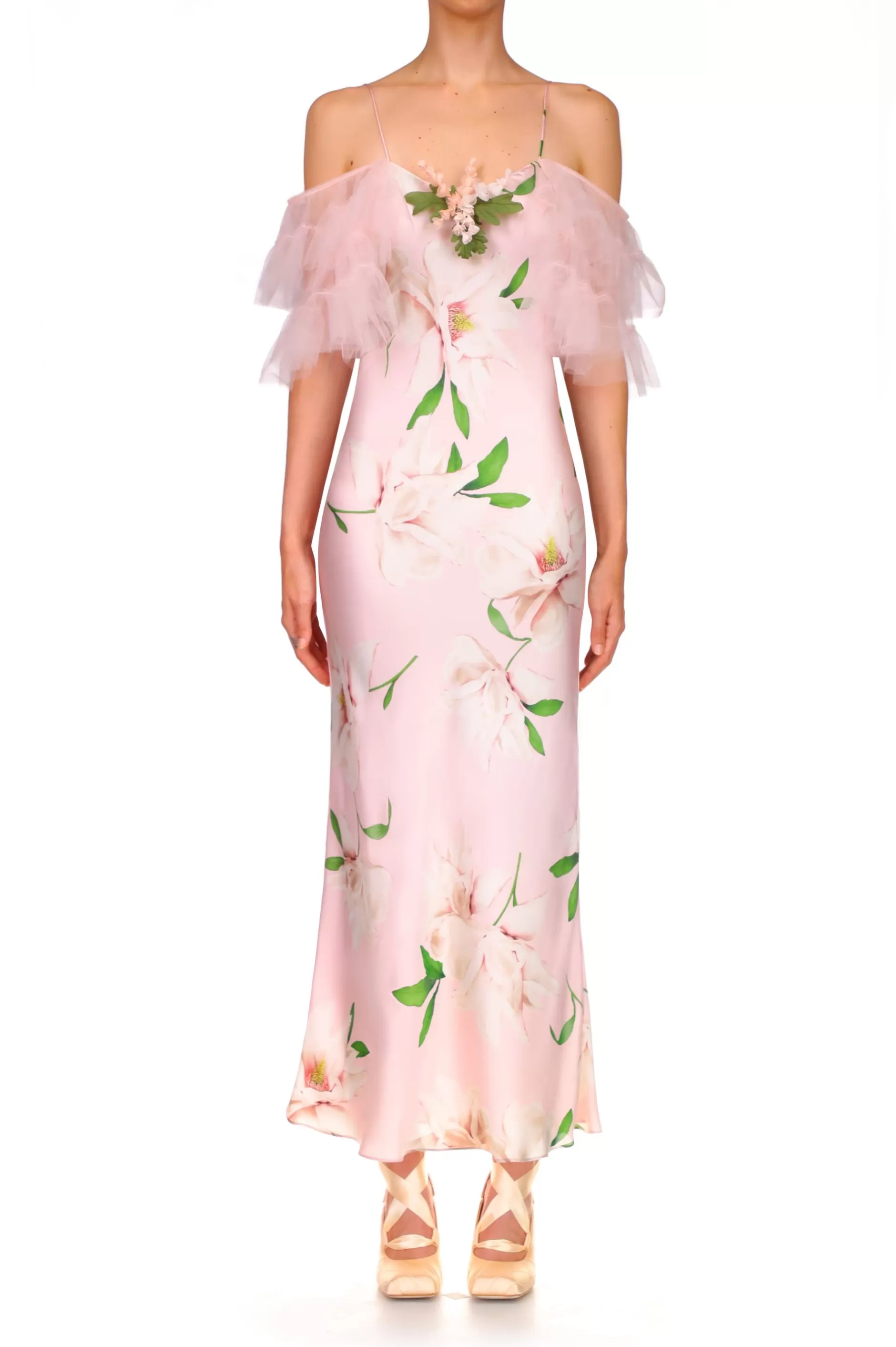 Dresses*Rodarte Floral Printed Silk Bias Slip Dress With Ruffle Sleeves And Silk Flower