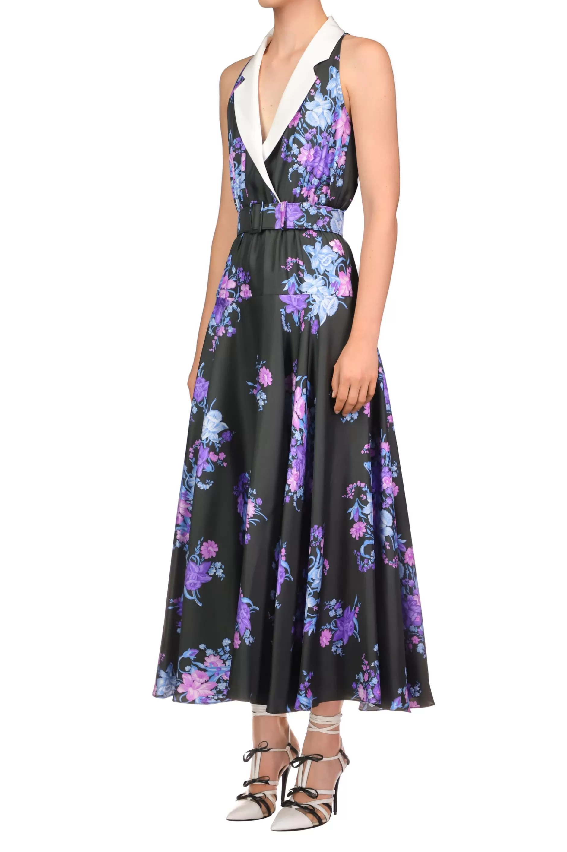 Dresses*Rodarte Floral Printed Silk Twill Collared Halter Dress With Belt Detail