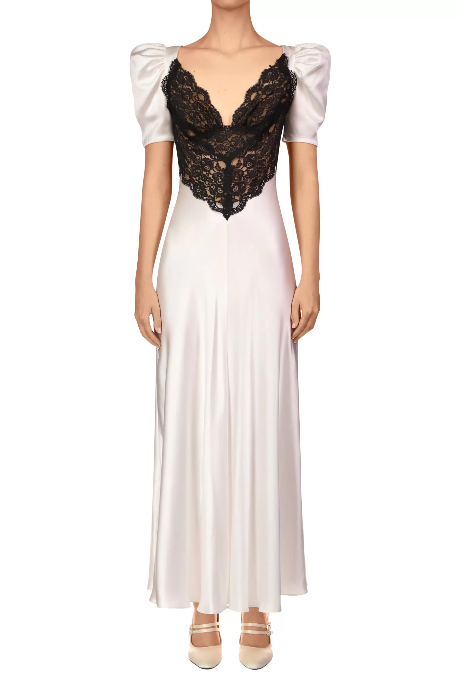 Dresses*Rodarte Off White Silk Short Sleeve Dress With Black Lace Details