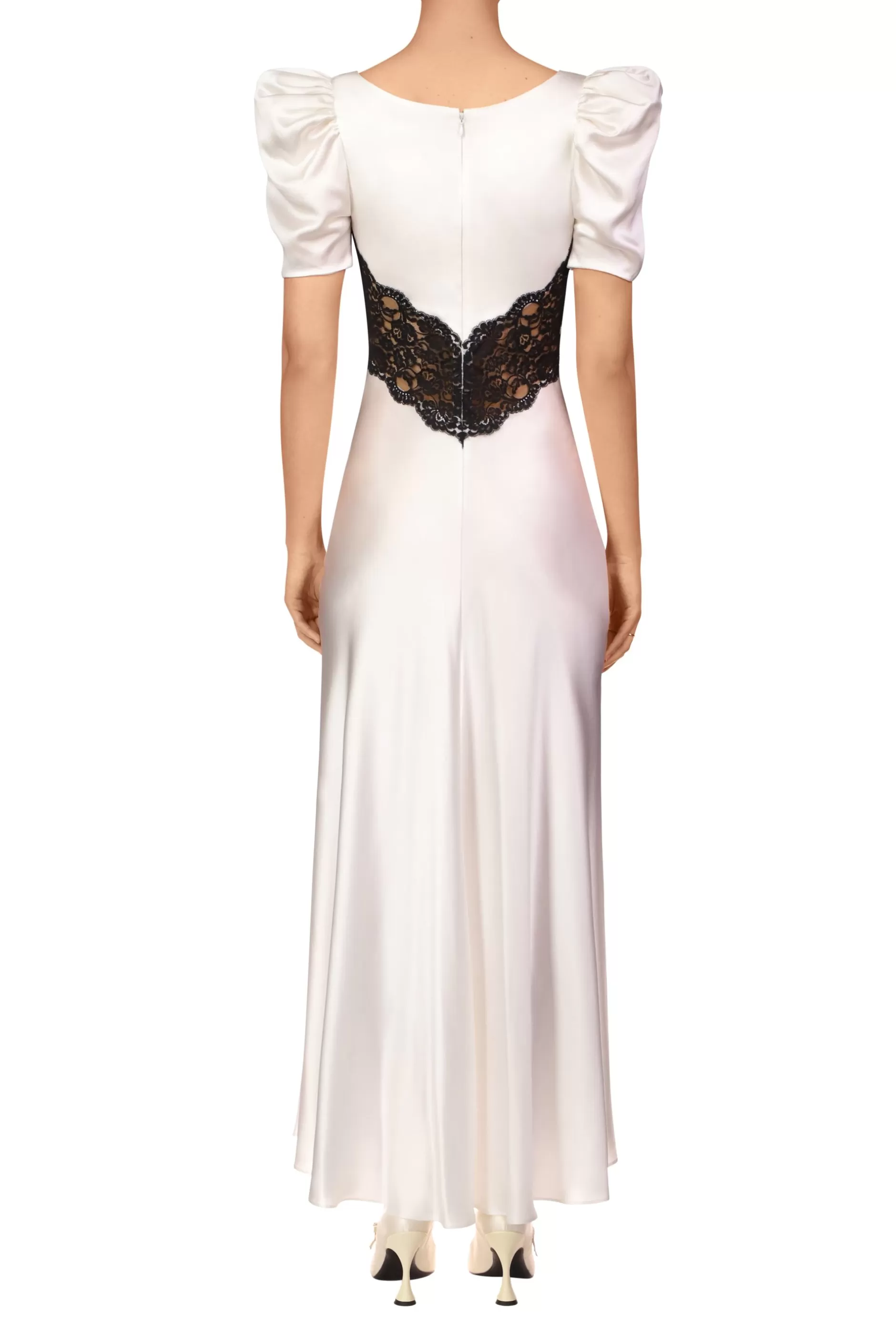 Dresses*Rodarte Off White Silk Short Sleeve Dress With Black Lace Details