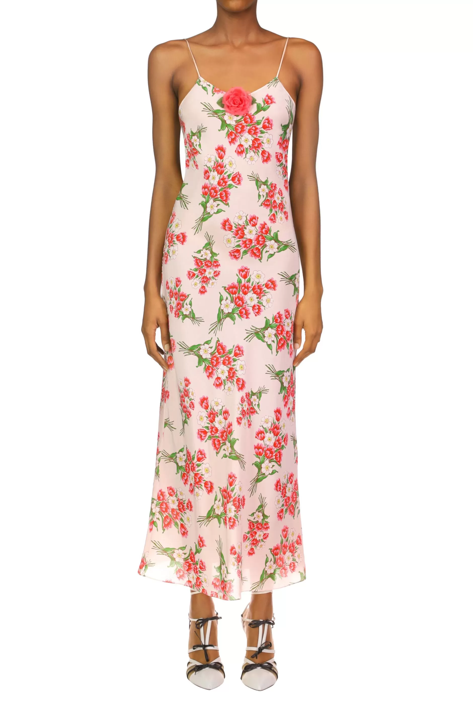 Dresses*Rodarte Pink Tulip Bouquet Printed Slk Mid Length Slip Dress With Silk Flower