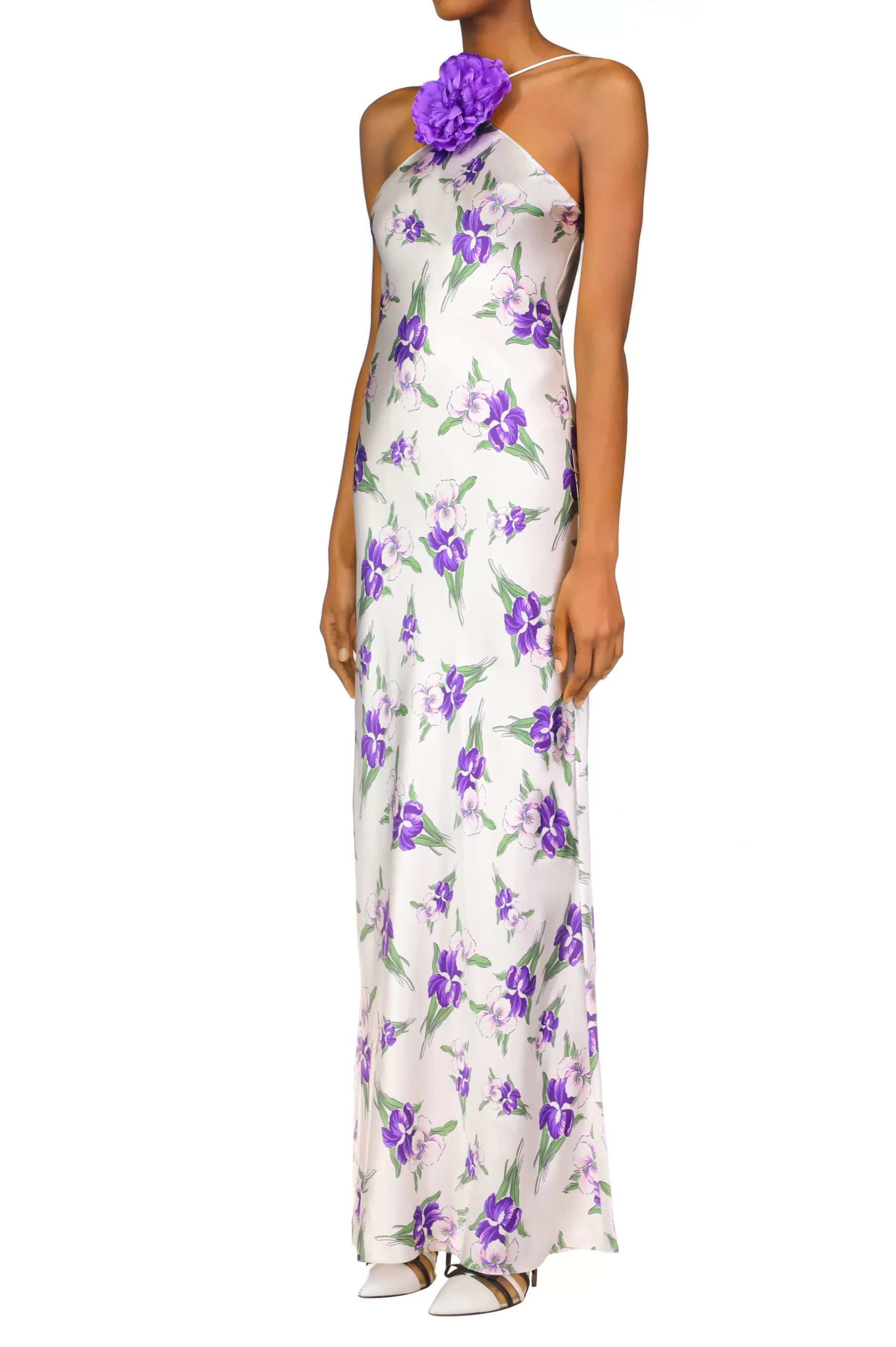 Dresses*Rodarte Purple Iris Printed Silk Halter Gown With Silk Flower Detail