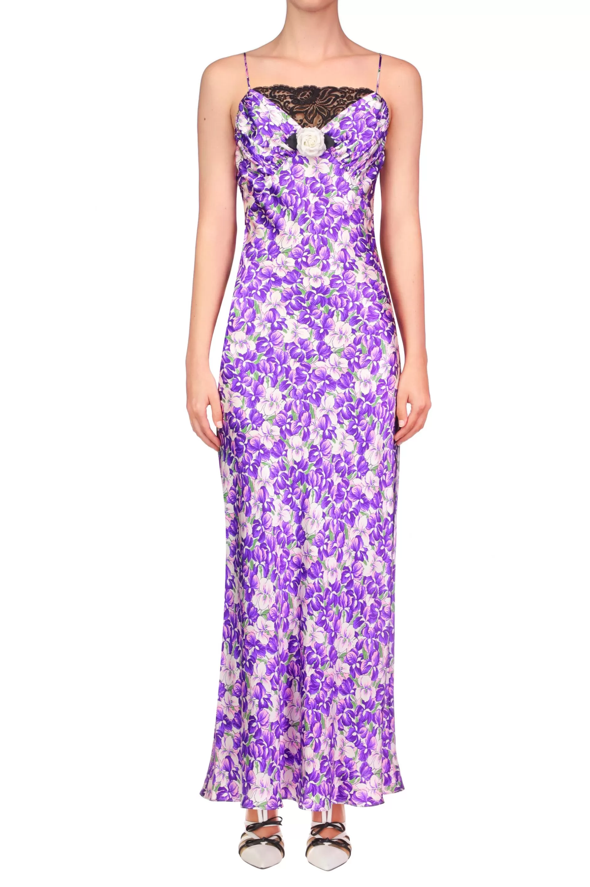 Dresses*Rodarte Purple Iris Printed Silk Satin Bias Dress With Ruched Bust And Black Lace Detail