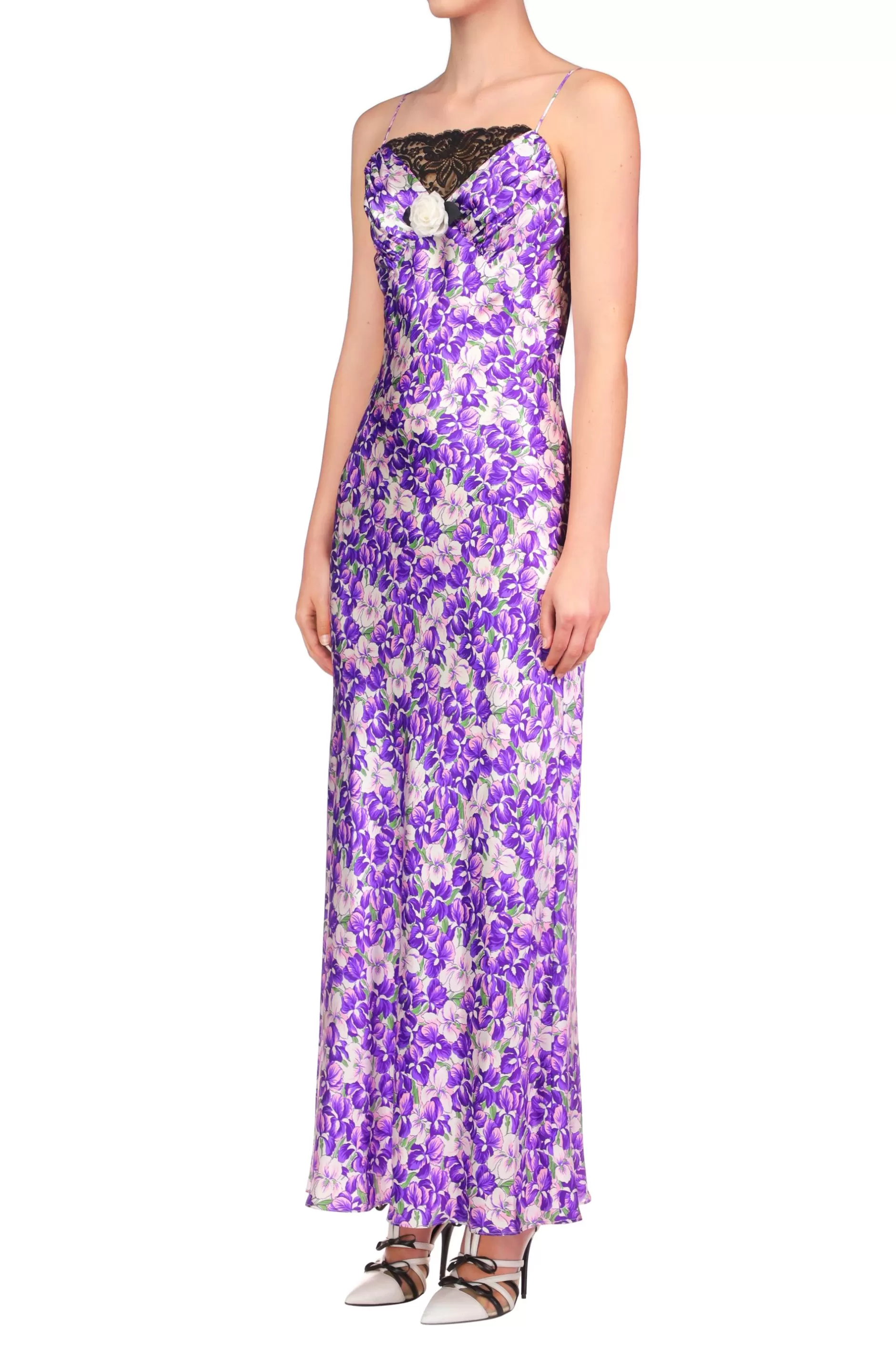 Dresses*Rodarte Purple Iris Printed Silk Satin Bias Dress With Ruched Bust And Black Lace Detail