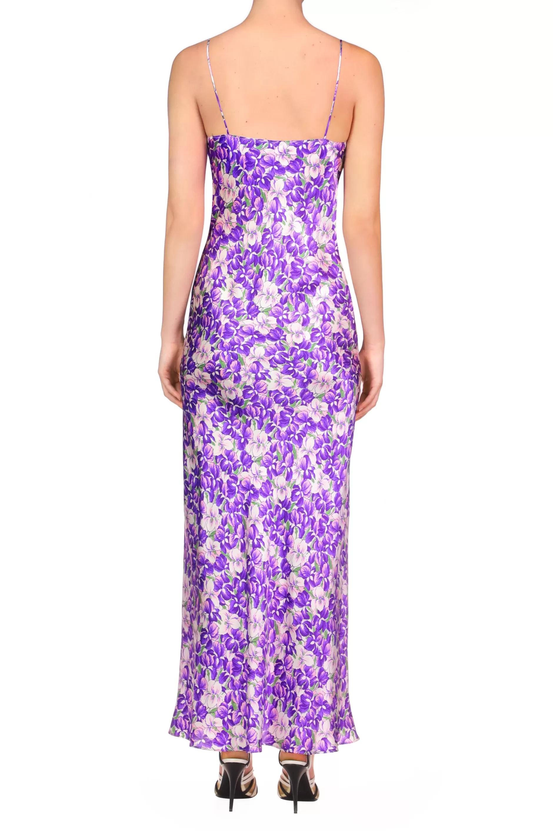 Dresses*Rodarte Purple Iris Printed Silk Satin Bias Dress With Ruched Bust And Black Lace Detail