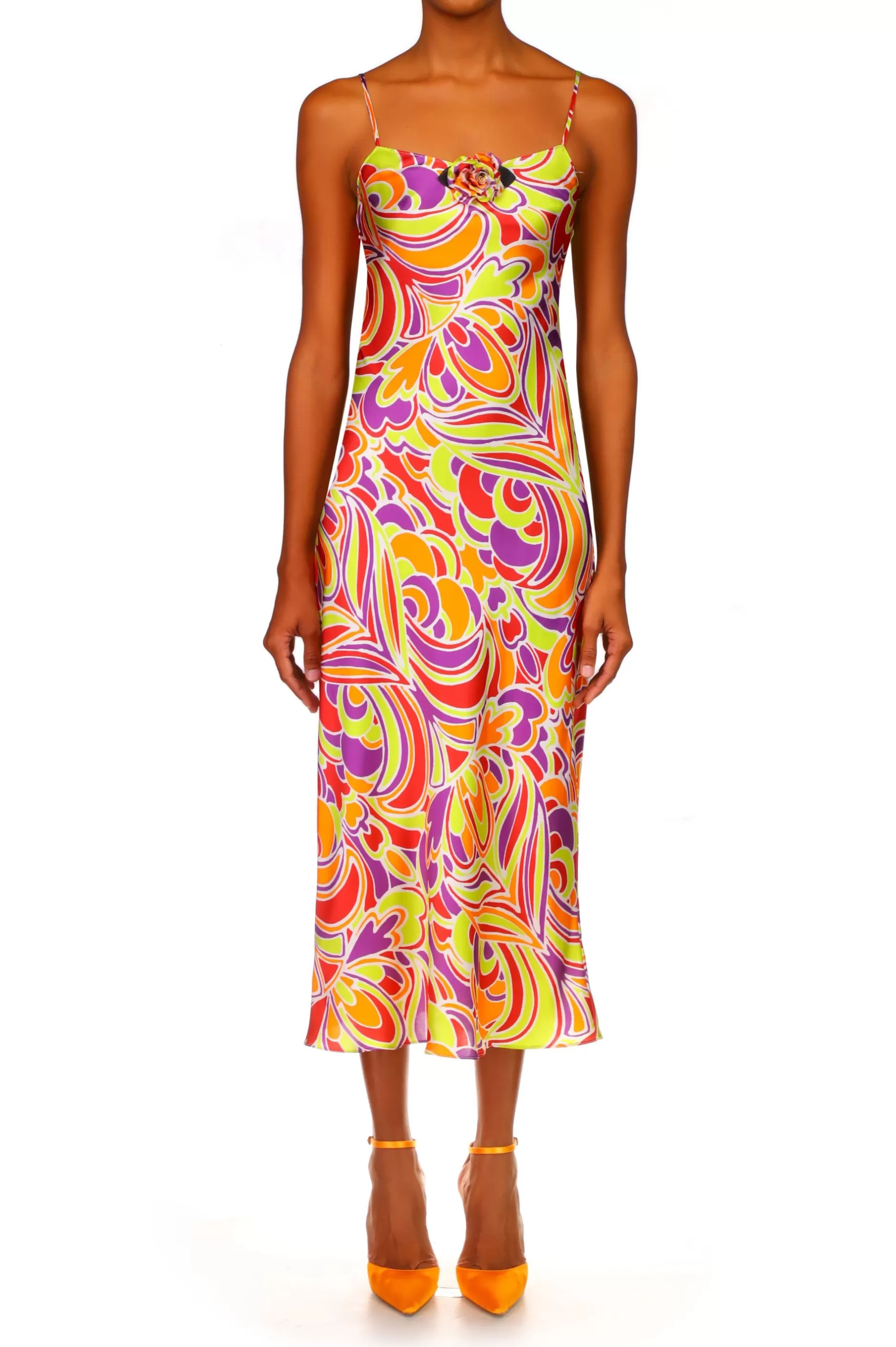 Dresses*Rodarte Red And Orange Multicolor Printed Midi Length Slip Dress