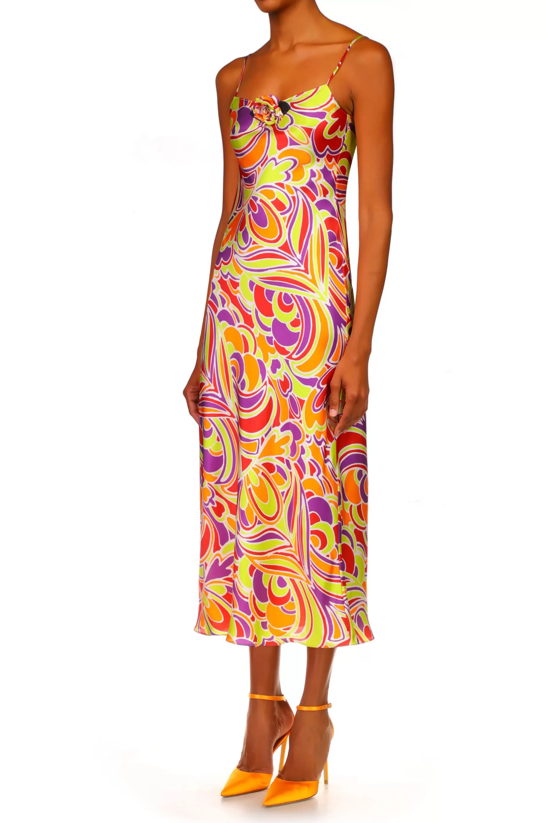 Dresses*Rodarte Red And Orange Multicolor Printed Midi Length Slip Dress