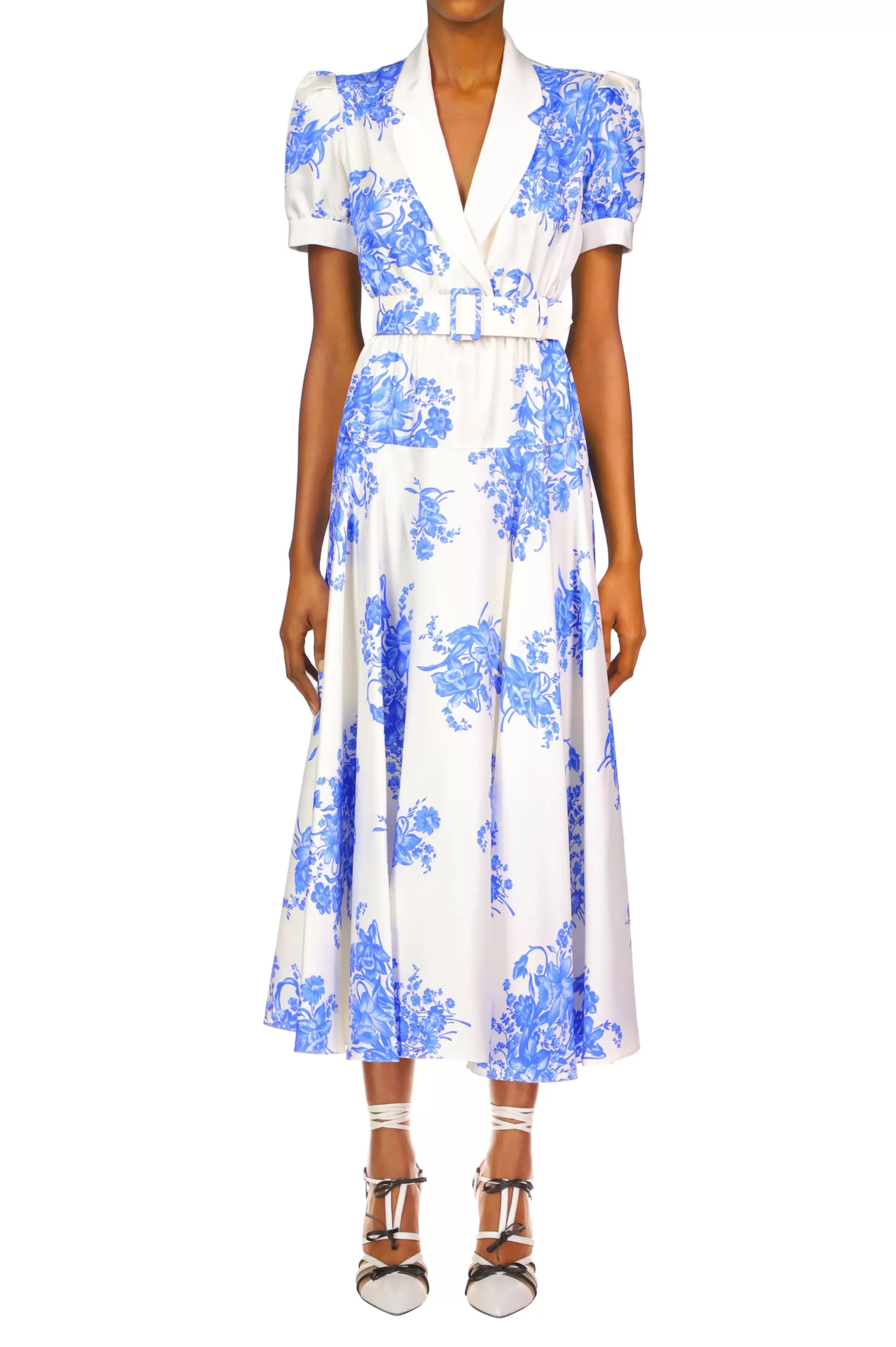 Dresses*Rodarte White And Blue Floral Printed Silk Twill Collared Dress With Belt